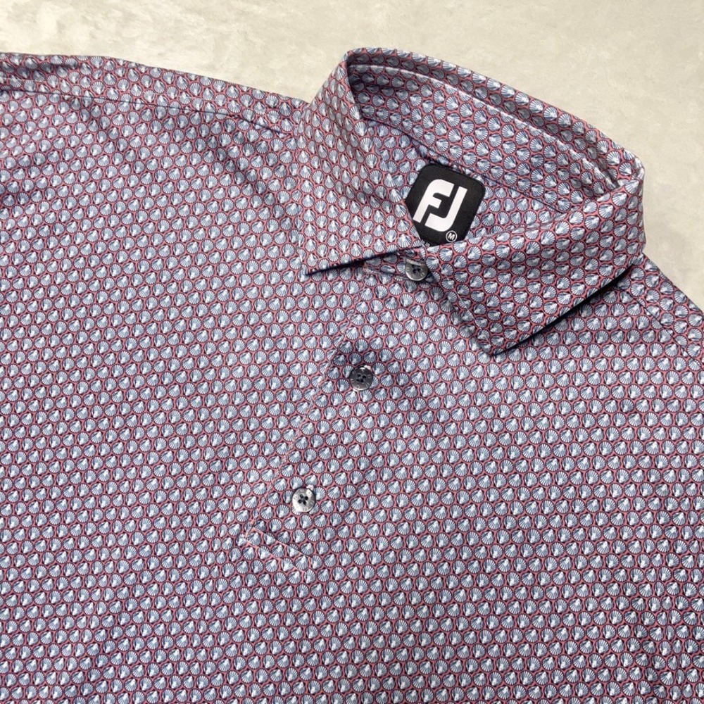 FootJoy Polo Shirt Mens Medium Red Blue Seashell Print Performance Golf Stretch